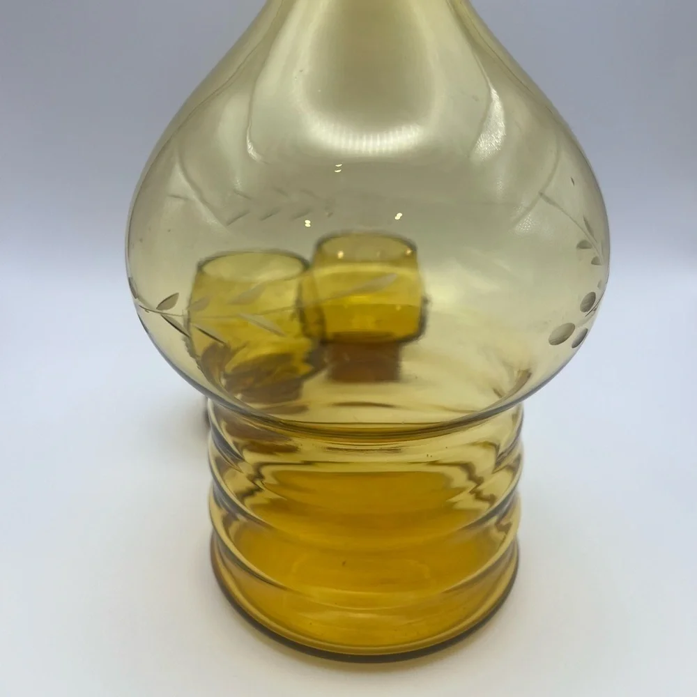 Vintage Mid-Century Etched Elegant Amber Glass Petite Decanter/Glass Set